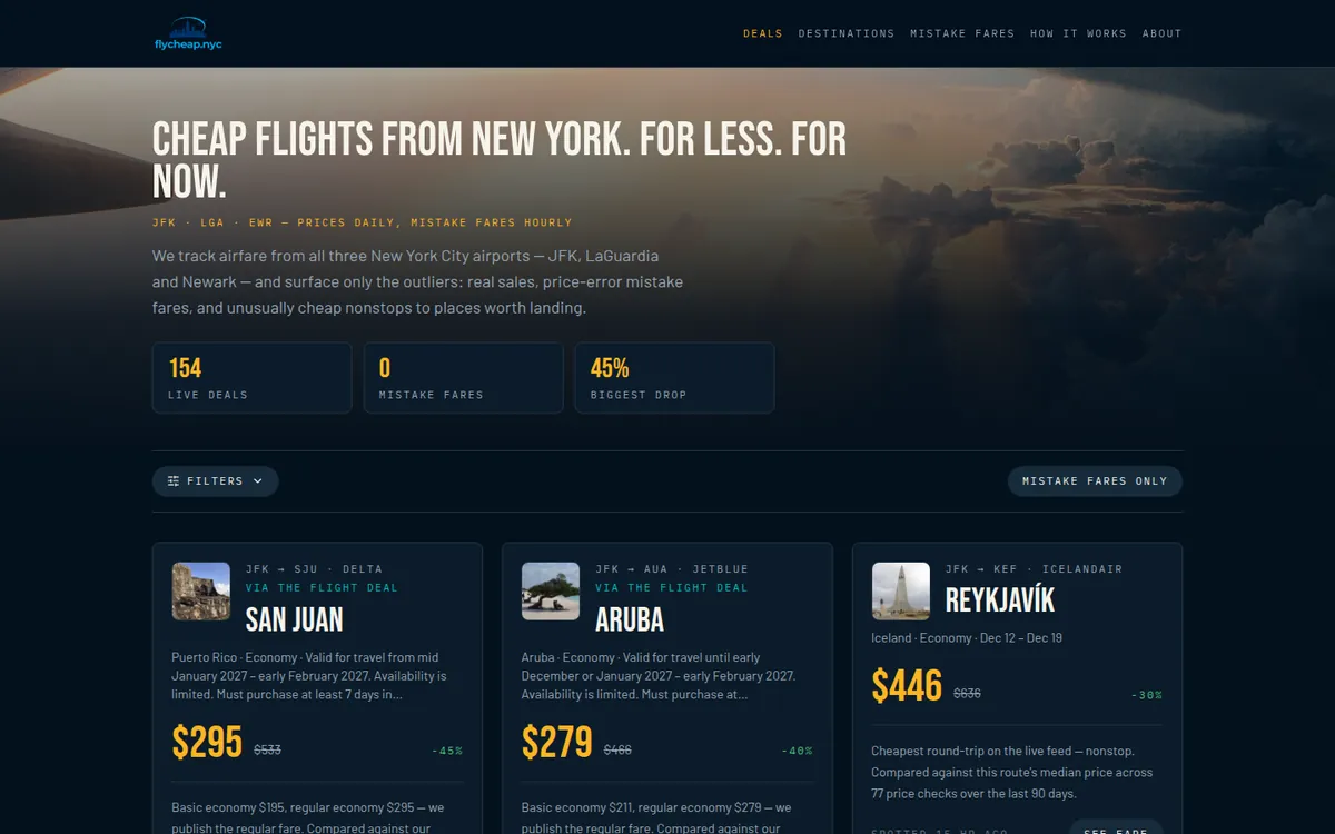 The FlyCheap NYC website
